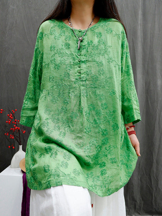 Women Retro Embroidered Loose Round-Neck Ramie Top