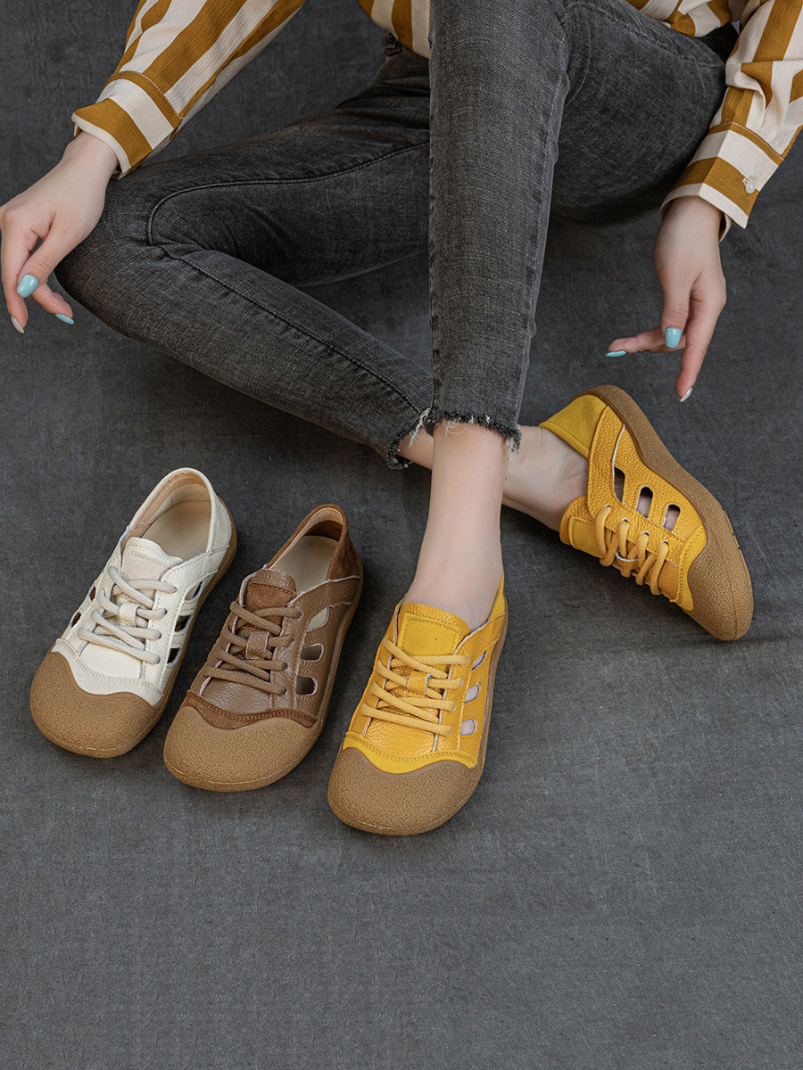 Women Summer Genuine Leather Openwork Slip-On Flats