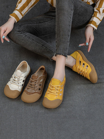 Women Summer Genuine Leather Openwork Slip-On Flats
