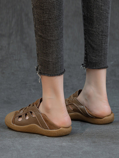 Women Summer Genuine Leather Openwork Slip-On Flats