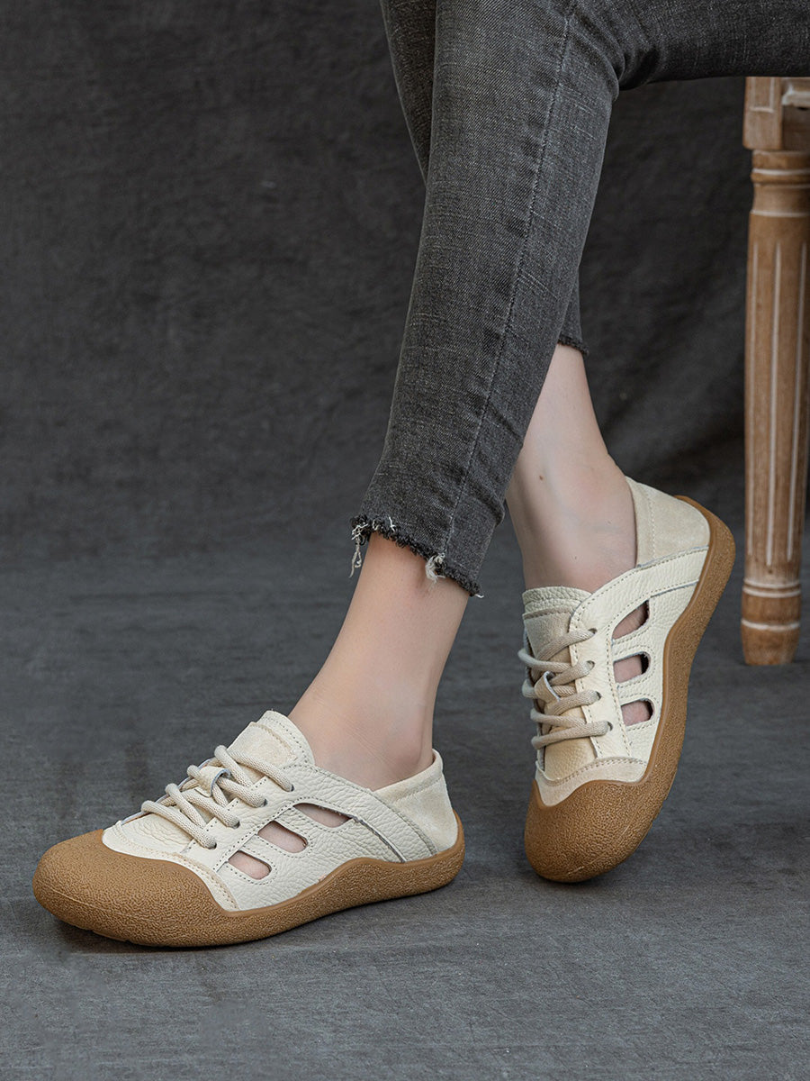 Women Summer Genuine Leather Openwork Slip-On Flats