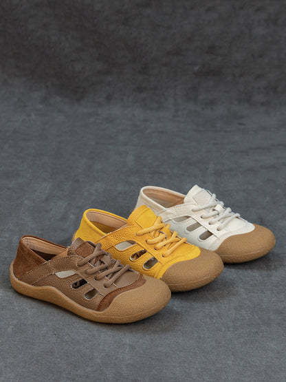 Women Summer Genuine Leather Openwork Slip-On Flats