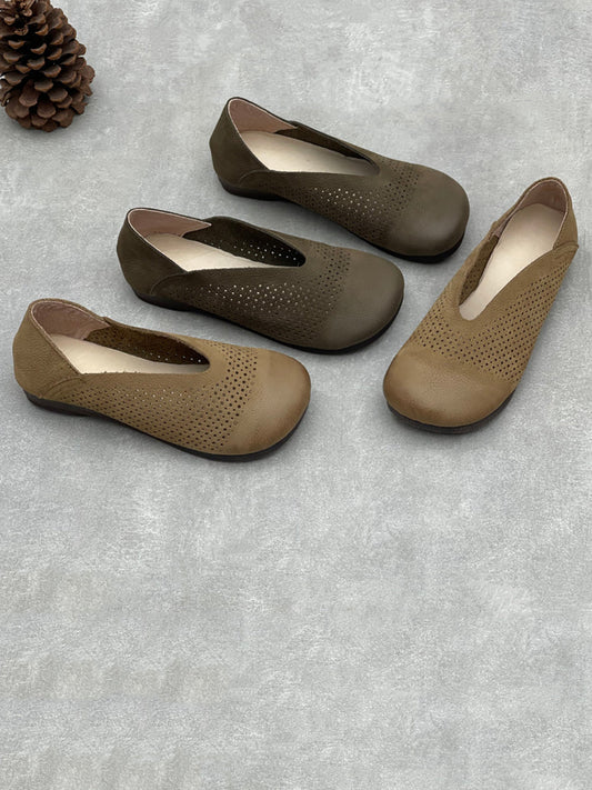 Women Genuine Leather Summer Openwork Flat Slip-On Sandals