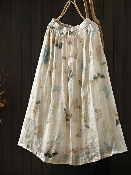 Women Summer Print Vintage 100% Ramie Midi Skirt