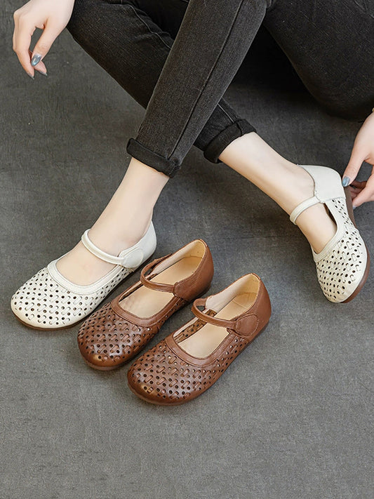 Women Retro Genuine Leather Summer Openwork Flat Sandals