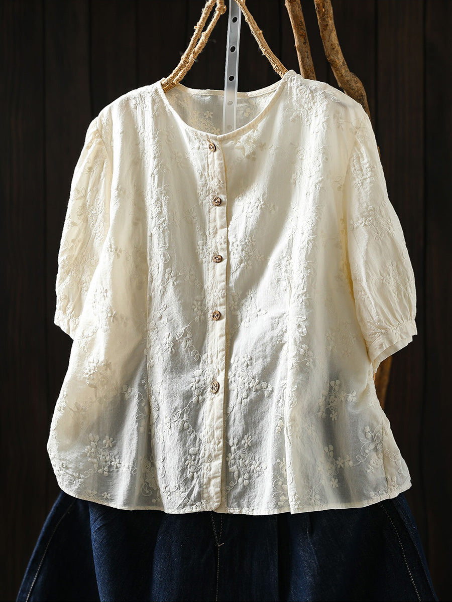 Women Summer Embroidery Artsy Lightweight Cotton Shirt
