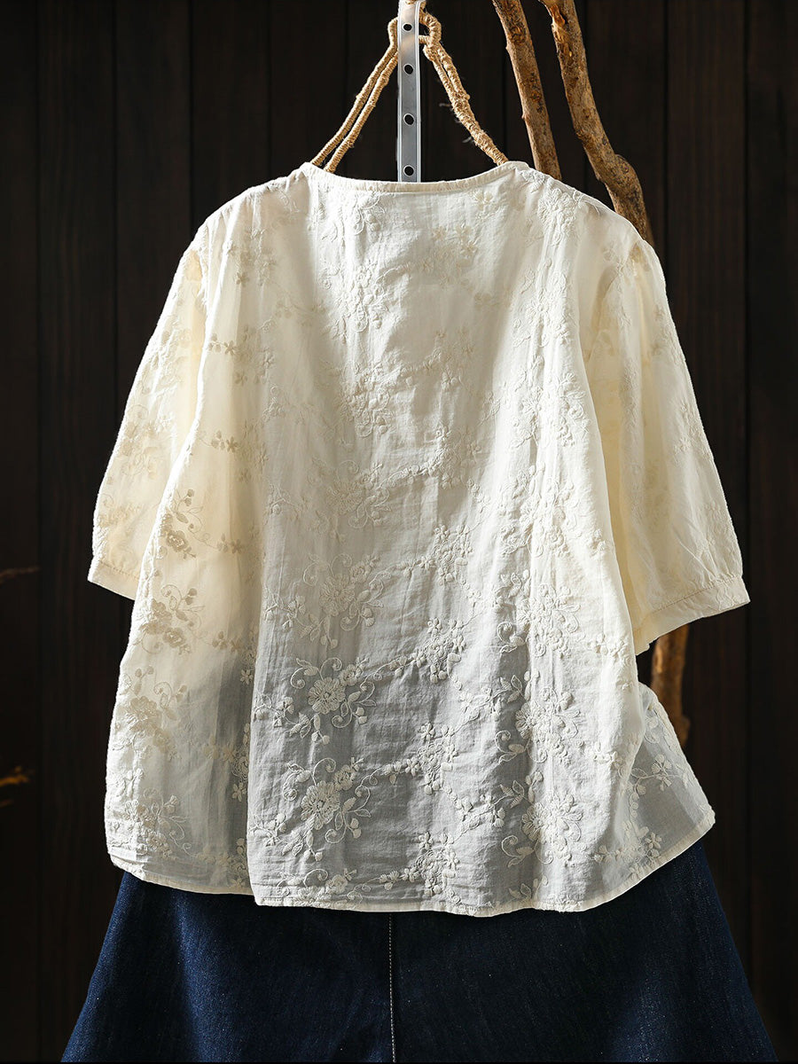 Women Summer Embroidery Artsy Lightweight Cotton Shirt