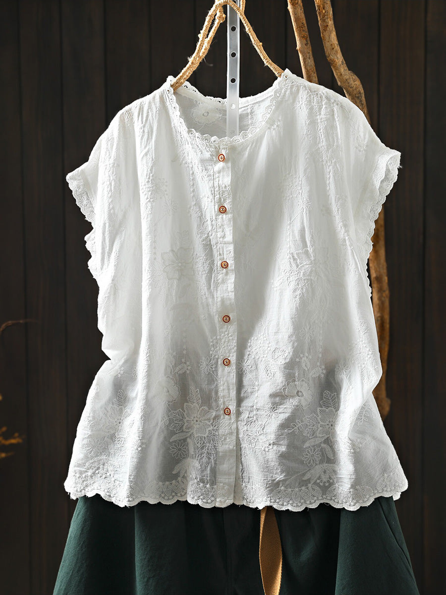 Women Embroidery Lace Trim Cotton Shirt