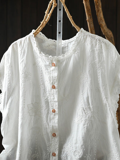 Women Embroidery Lace Trim Cotton Shirt