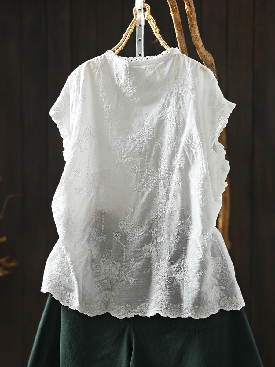 Women Embroidery Lace Trim Cotton Shirt