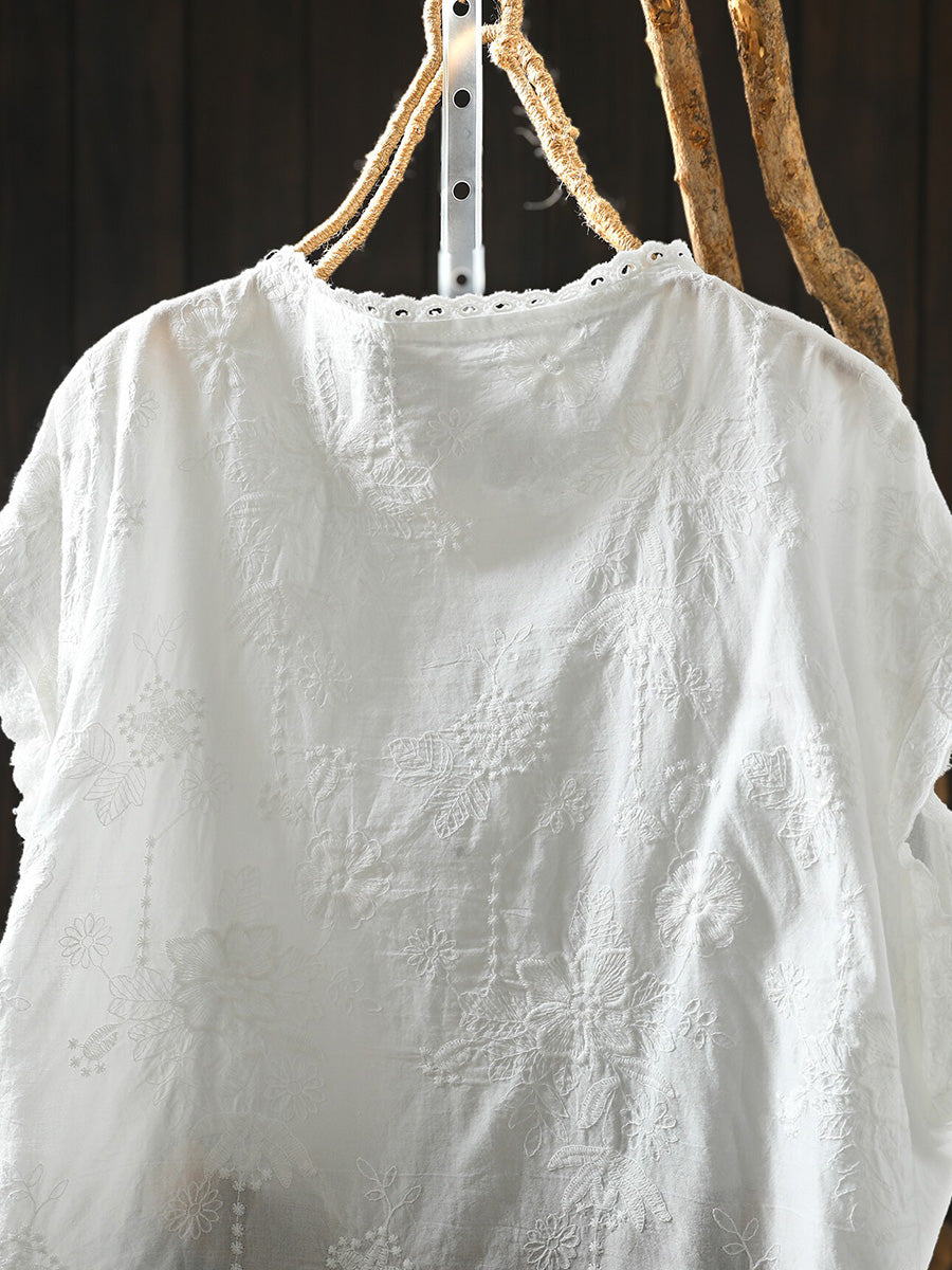 Women Embroidery Lace Trim Cotton Shirt
