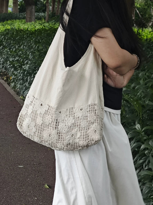 Summer Vacation Large-Capacity Canvas Tote Bag – Patchwork Single-Shoulder Bag