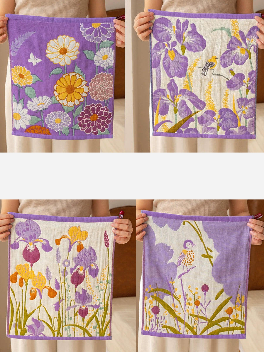 4 Pieces Purple Floral Soft 4-Layer Cotton Gauze Square Towel