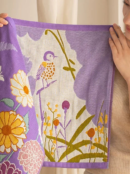 4 Pieces Purple Floral Soft 4-Layer Cotton Gauze Square Towel