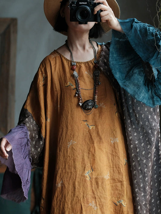 Retro Color-Block Loose Flounce Sleeve Patchwork Dress
