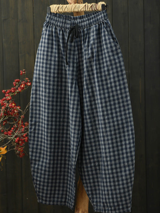 Women Casual Plaid Cotton Lantern Pants