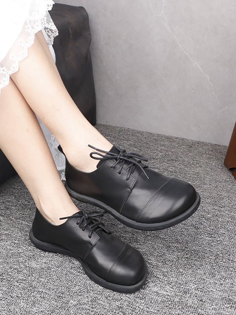 Women Vintage Genuine Leather Lace-Up Loafers