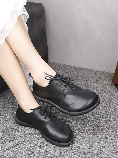 Women Vintage Genuine Leather Lace-Up Loafers