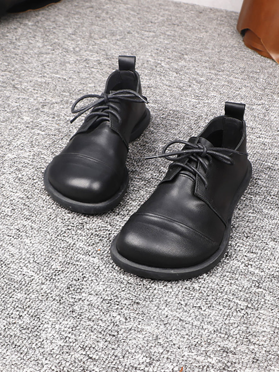 Women Vintage Genuine Leather Lace-Up Loafers
