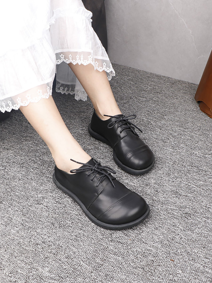 Women Vintage Genuine Leather Lace-Up Loafers