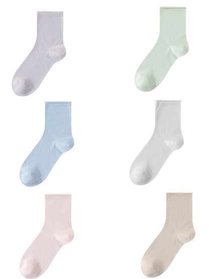 6 Pairs Women Mulberry Silk Mid-Calf Socks – Summer Lightweight Crew Socks