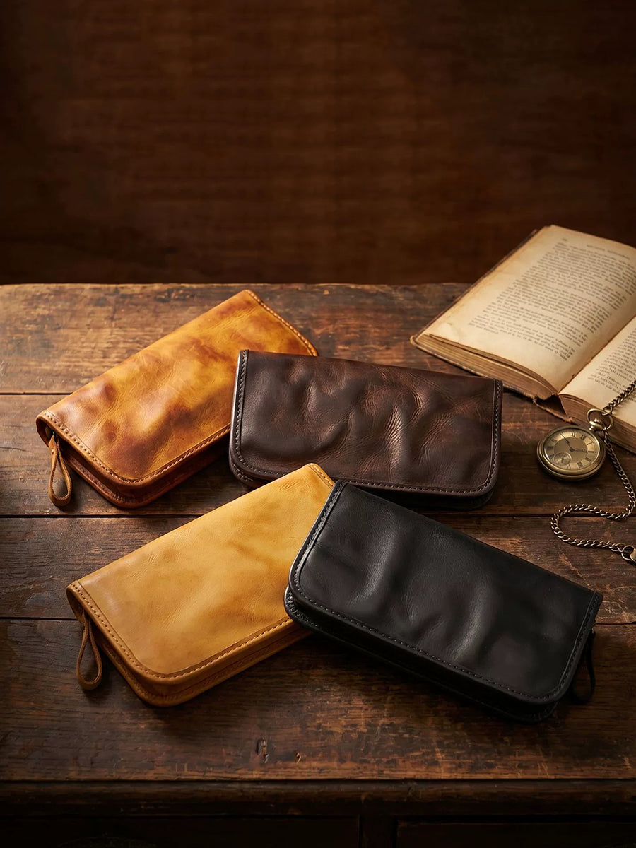 Vintage Vegetable-Tanned Leather Long Zip Wallet