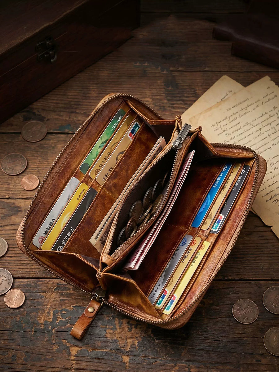 Vintage Vegetable-Tanned Leather Long Zip Wallet