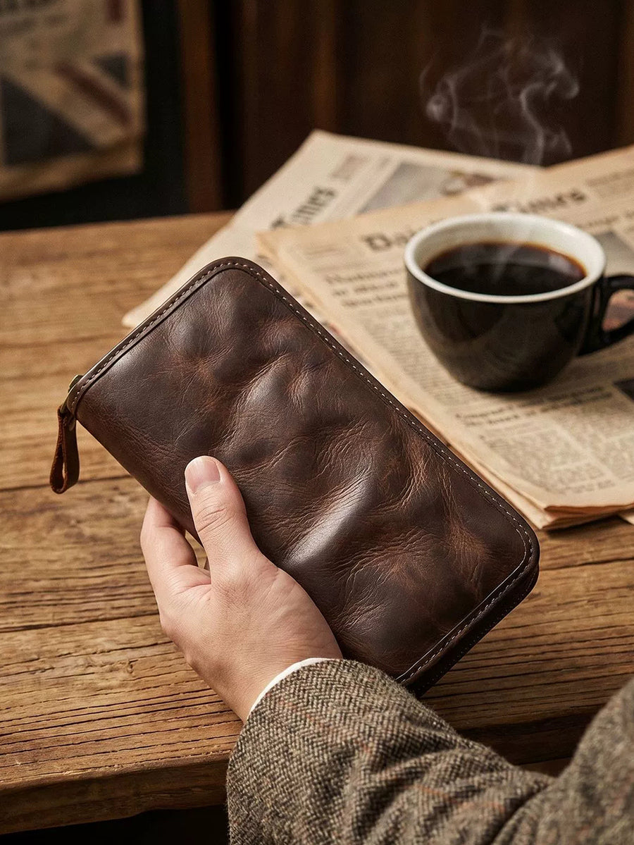 Vintage Vegetable-Tanned Leather Long Zip Wallet