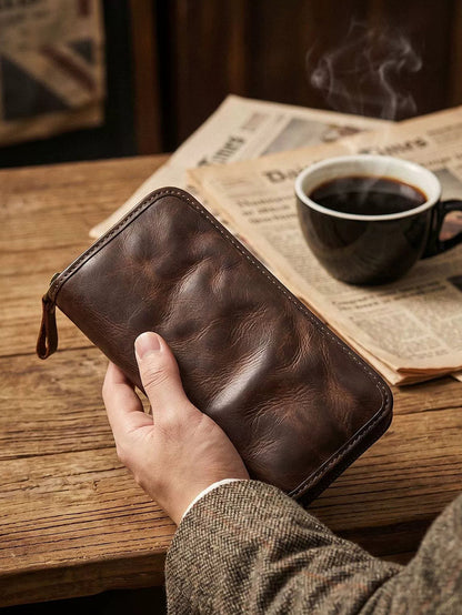Vintage Vegetable-Tanned Leather Long Zip Wallet