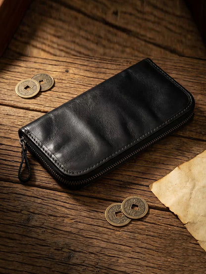 Vintage Vegetable-Tanned Leather Long Zip Wallet