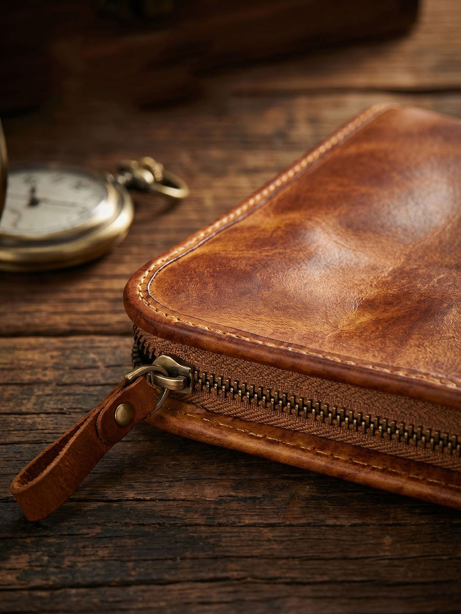 Vintage Vegetable-Tanned Leather Long Zip Wallet