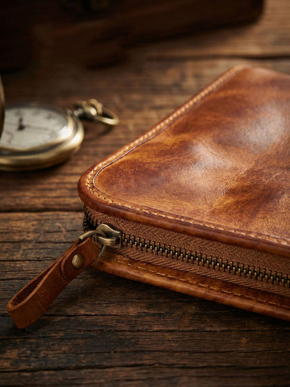 Vintage Vegetable-Tanned Leather Long Zip Wallet