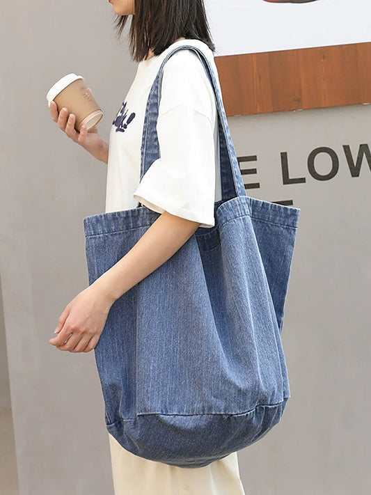 Women's Vintage Washed Canvas Bucket Tote – Casual Artsy Denim Shoulder Bag