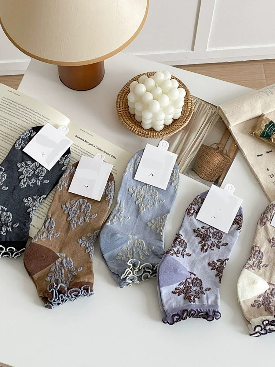 5 Pairs Spring Summer Lightweight Vintage Color-Block Ruffle Socks