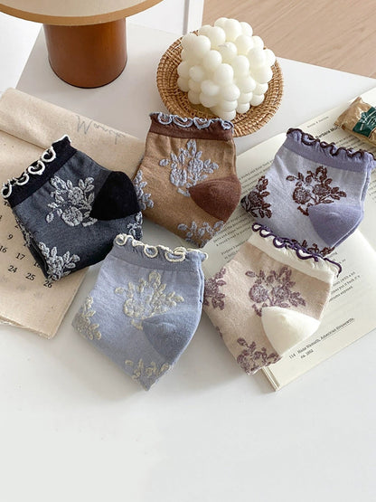 5 Pairs Spring Summer Lightweight Vintage Color-Block Ruffle Socks