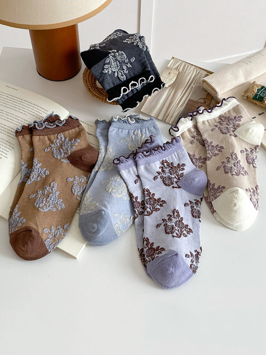5 Pairs Spring Summer Lightweight Vintage Color-Block Ruffle Socks