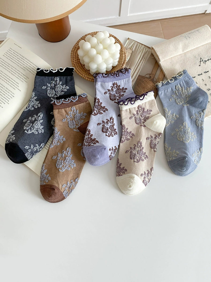 5 Pairs Spring Summer Lightweight Vintage Color-Block Ruffle Socks