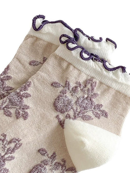 5 Pairs Spring Summer Lightweight Vintage Color-Block Ruffle Socks