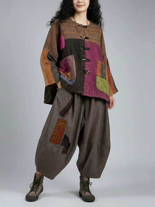 Women Vintage Long Sleeve Patchwork Jacket And Wide-Leg Pants Set