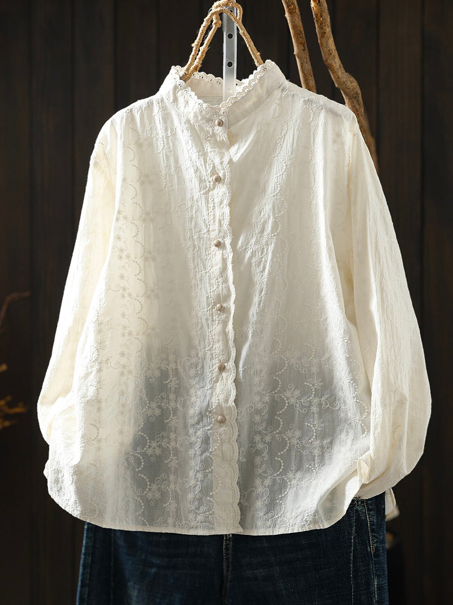 Women Autumn Embroidered Lace-Collar Cotton Shirt
