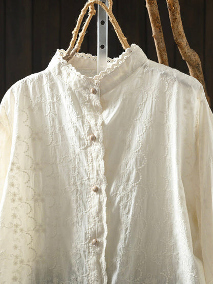 Women Autumn Embroidered Lace-Collar Cotton Shirt