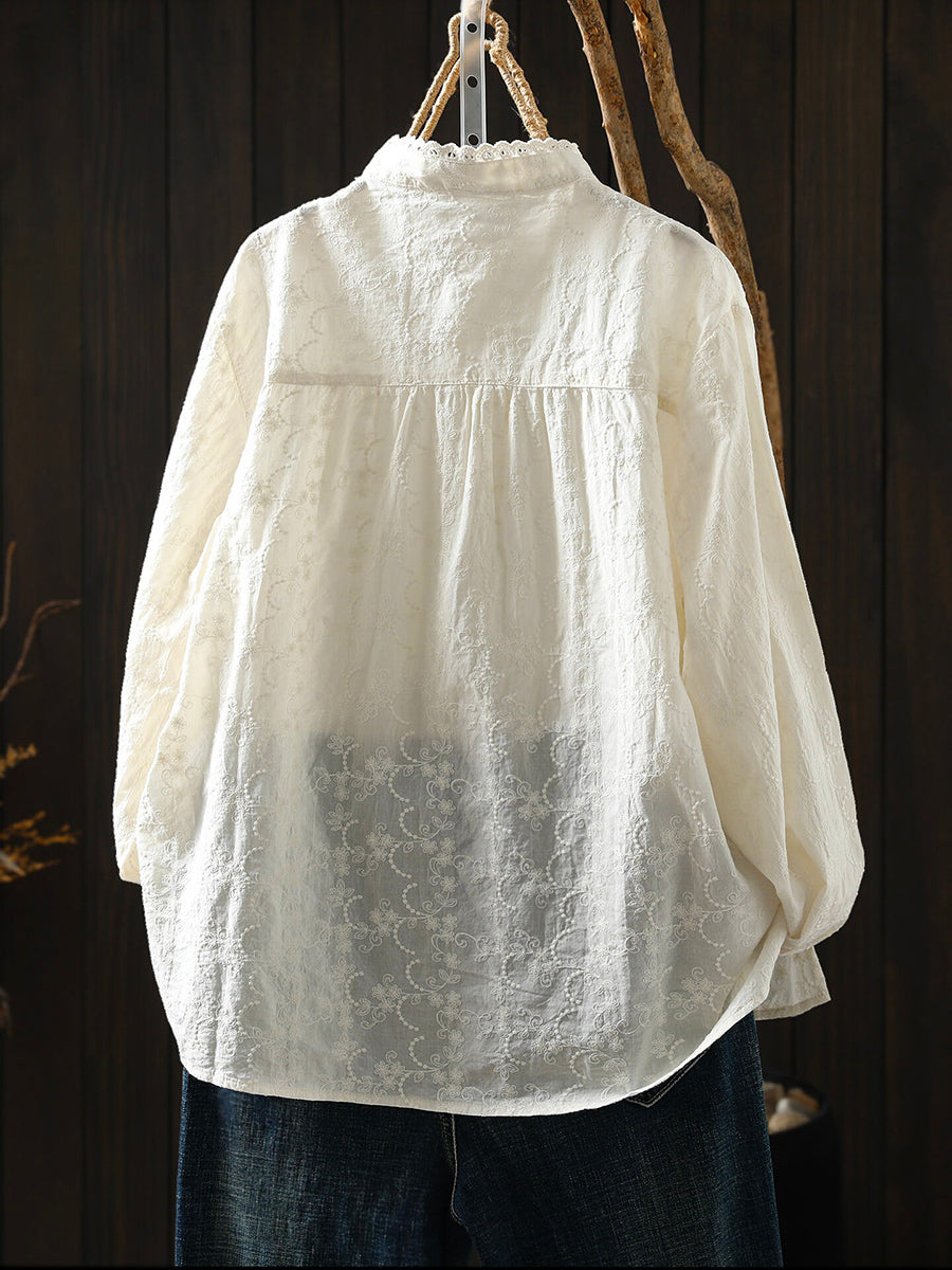 Women Autumn Embroidered Lace-Collar Cotton Shirt