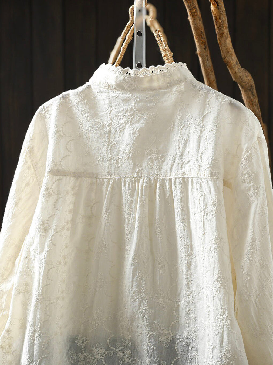 Women Autumn Embroidered Lace-Collar Cotton Shirt