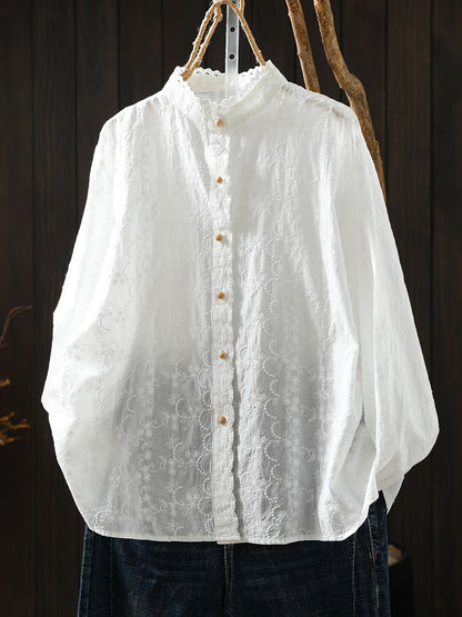 Women Autumn Embroidered Lace-Collar Cotton Shirt