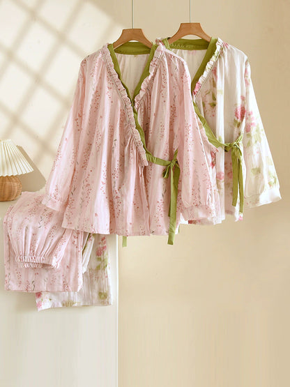 Plus Size Women Floral Spring Autumn Thin Cotton Gauze Tie-Front Pajamas