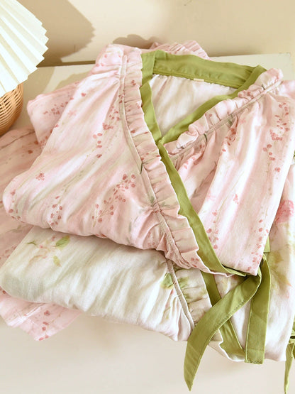 Plus Size Women Floral Spring Autumn Thin Cotton Gauze Tie-Front Pajamas