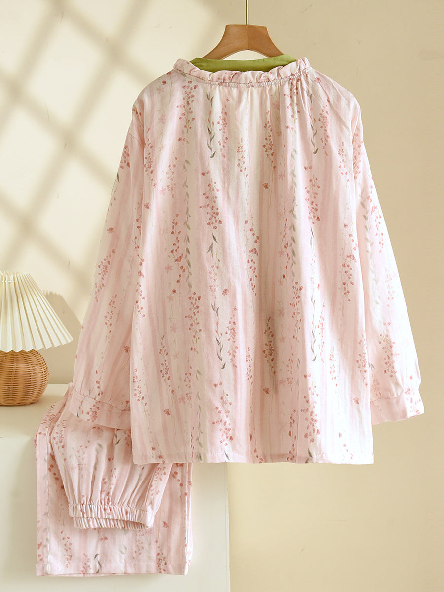 Plus Size Women Floral Spring Autumn Thin Cotton Gauze Tie-Front Pajamas