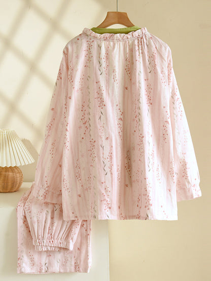 Plus Size Women Floral Spring Autumn Thin Cotton Gauze Tie-Front Pajamas
