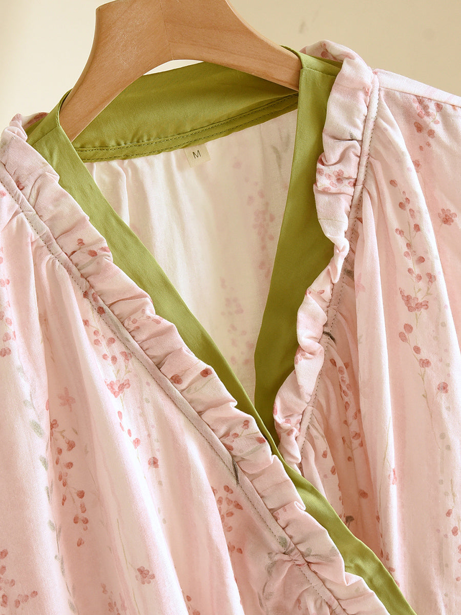 Plus Size Women Floral Spring Autumn Thin Cotton Gauze Tie-Front Pajamas