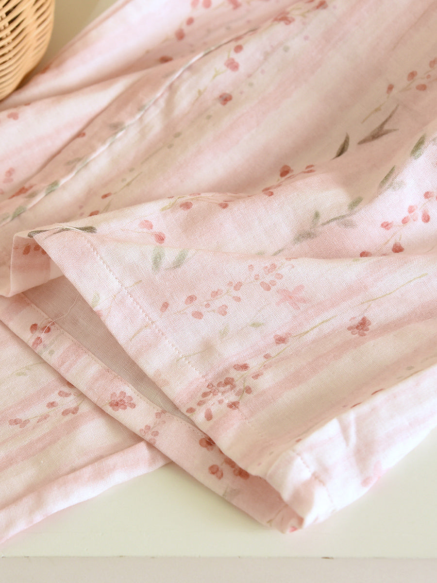 Plus Size Women Floral Spring Autumn Thin Cotton Gauze Tie-Front Pajamas